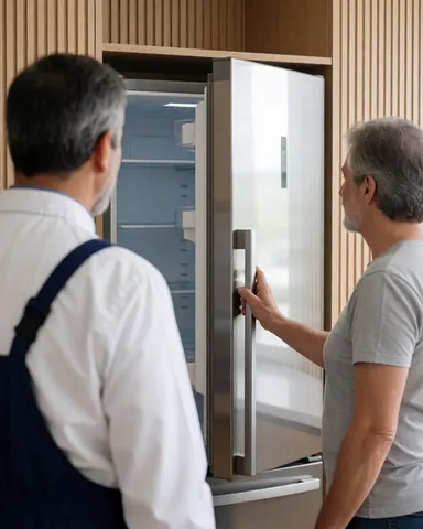 A technician demonstrates to a client that the refrigerator door is properly aligned and closes easily in a modern kitchen.