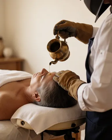 A professional therapist pours warm oil onto a client's forehead during an ayurvedic massage treatment in a relaxing spa setting.