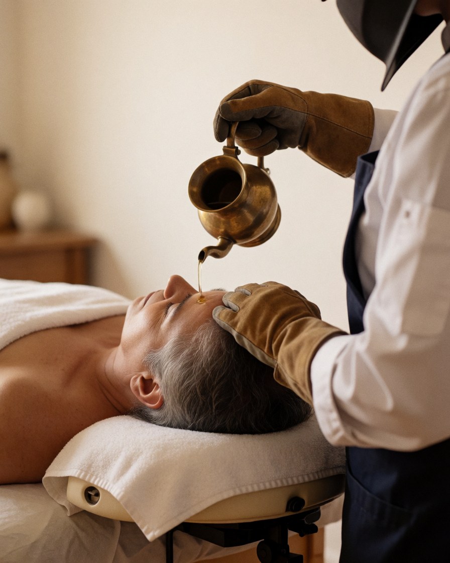 A professional therapist pours warm oil onto a client's forehead during an ayurvedic massage treatment in a relaxing spa setting.