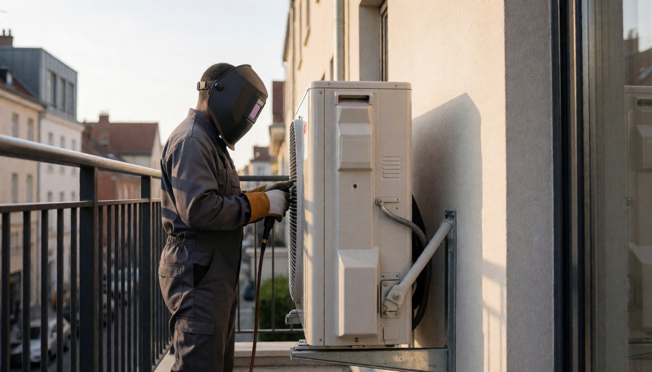Technician installs a heat pump unit on an urban balcony during sunset.