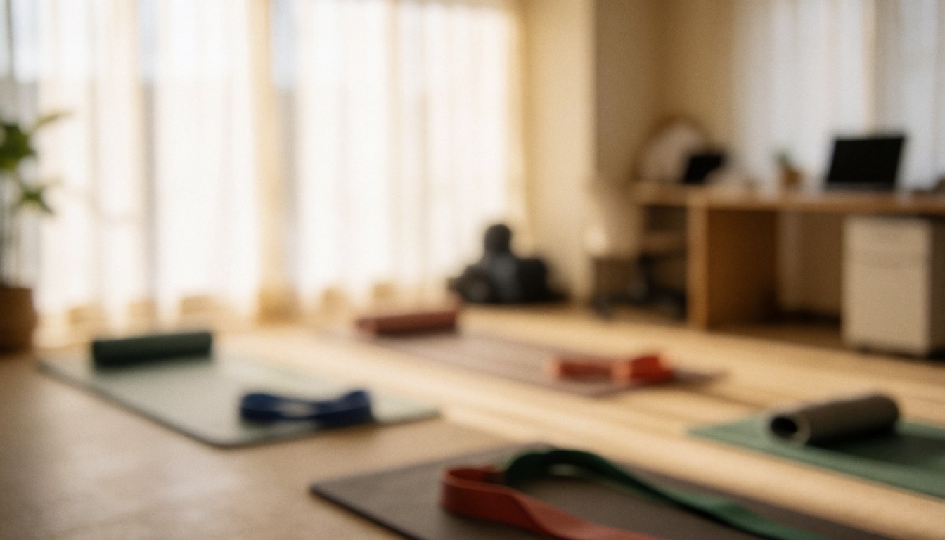 Yoga mats and resistance bands arranged in a stretching room with soft lighting and a calm atmosphere for physical recovery