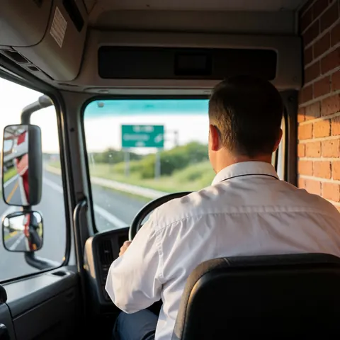 Truck driver sitting in the cabin with a brick wall, highway view, and sunset light, freight transport scene