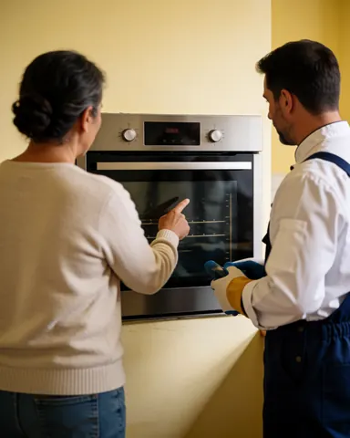 Technician wearing gloves checks a modern oven while interacting with a client in a kitchen with yellow walls, demonstrating professional service and trust.
