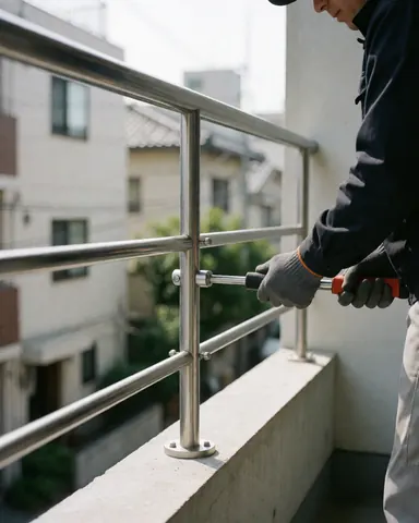 Worker installing stainless steel railing on concrete balcony using torque wrench