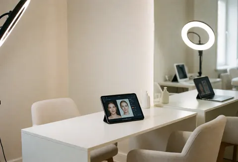 Clean modern acne treatment room featuring a white table, tablet displaying skin analysis, studio lighting, mirror, and beige chairs