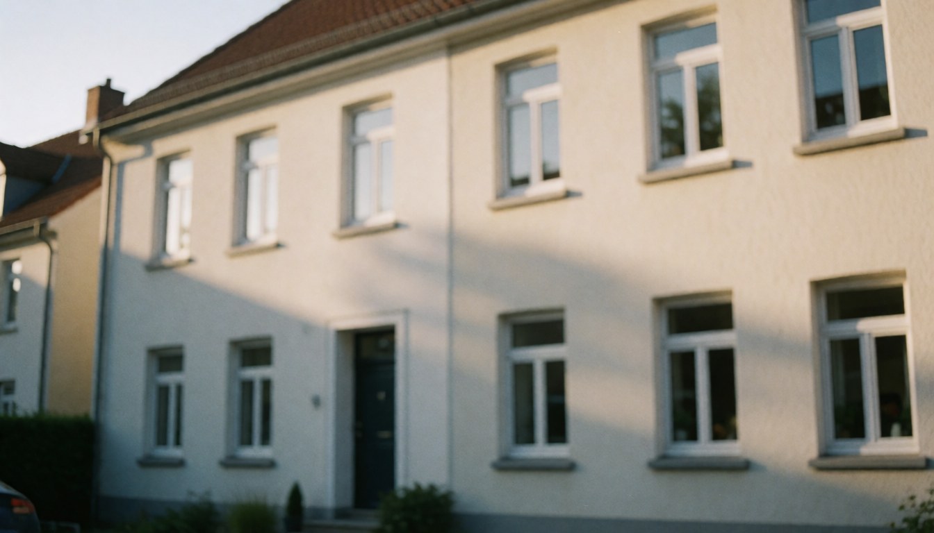 Residential building facade with glass windows illuminated by soft sunset light and gentle shadows, suitable for window repair services