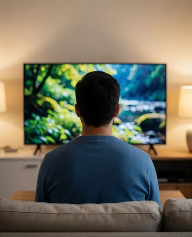 A satisfied client sitting on a sofa viewing a large television displaying a natural landscape in a warmly lit beige living room.