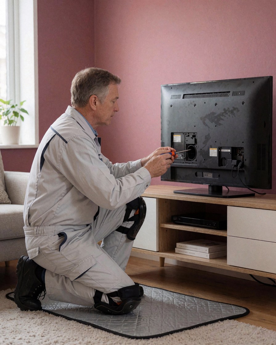 TV repair technician using a screwdriver on the back panel of a television in a room with pink walls.