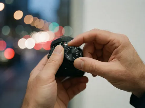 Close-up of hands turning the ISO dial on a camera with a blurred city lights background
