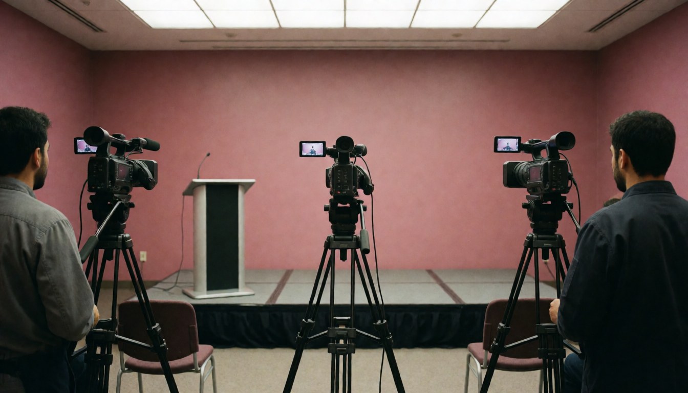 Three professional video cameras mounted on tripods ready for recording at a studio stage with a podium and pink walls.