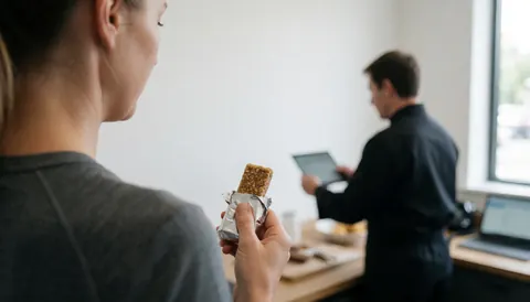 Woman holding an energy bar in a gym with white walls and natural light, leaving space for a title.