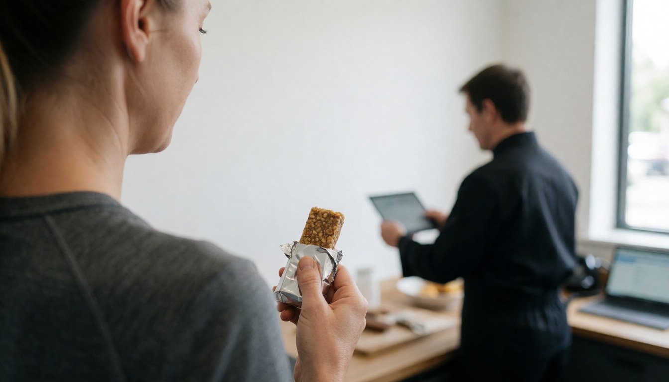 Woman holding an energy bar in a gym with white walls and natural light, leaving space for a title.