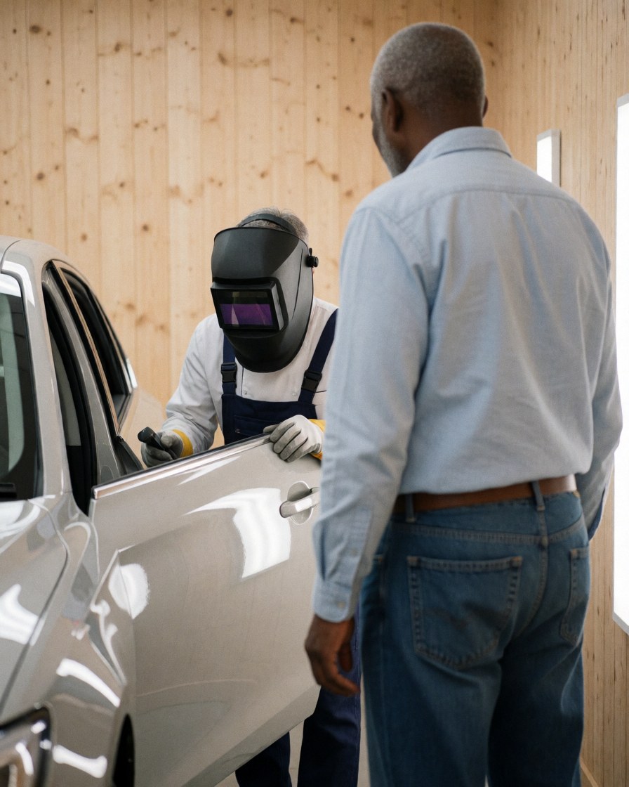 A satisfied customer observes a professional mechanic repairing a car door in a workshop with wooden walls.