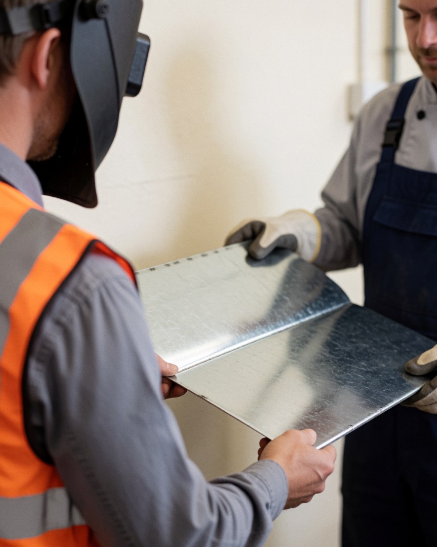 A satisfied client in a reflective vest examines a galvanized steel sheet alongside a worker in an industrial workshop with white walls and natural light.