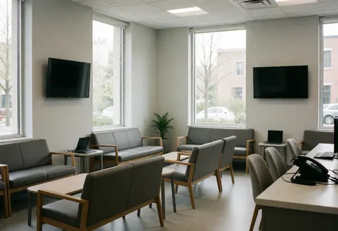 Bright modern waiting area featuring gray seating, large windows, and neutral walls, suitable for a laser hair removal clinic