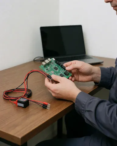 Hands adjusting a green circuit board with red cables on a wooden table, with a laptop in the background.