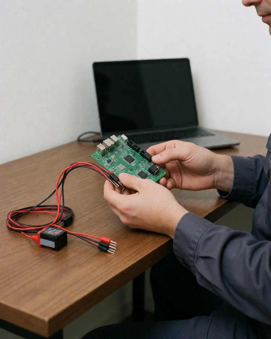 Hands adjusting a green circuit board with red cables on a wooden table, with a laptop in the background.