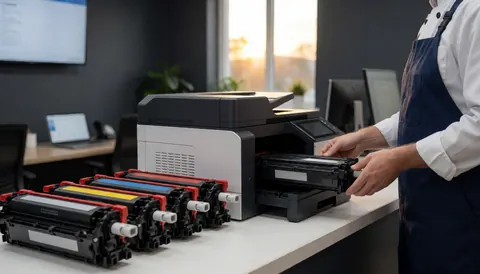 Close-up of hands inserting a black toner cartridge into a digital printer with colorful cartridges lined up nearby in an office with gray walls and sunset light.