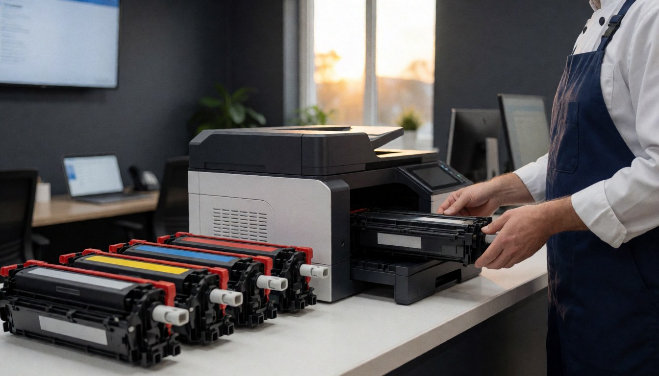 Close-up of hands inserting a black toner cartridge into a digital printer with colorful cartridges lined up nearby in an office with gray walls and sunset light.
