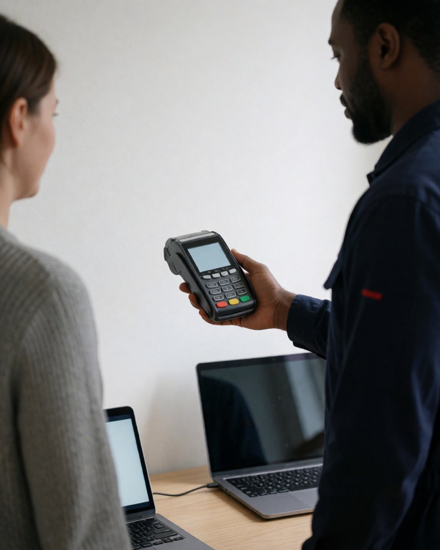 A plumber displays a payment terminal to a client in a clean, modern office setting with a laptop nearby.