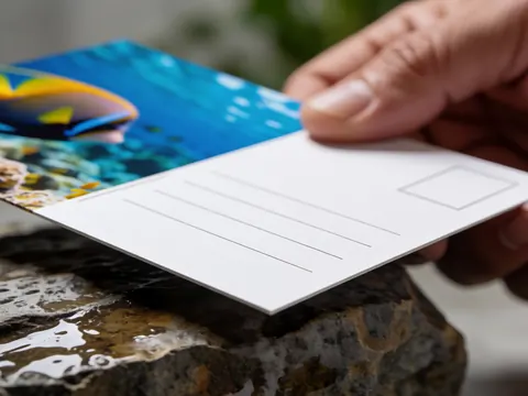 A hand holds a postcard featuring an address and stamp above a wet rock, with tropical fish visible in the underwater background.
