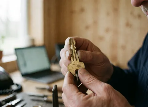 Close-up of a locksmith's hands holding a detailed bronze security key in a workshop with wooden walls and natural light.