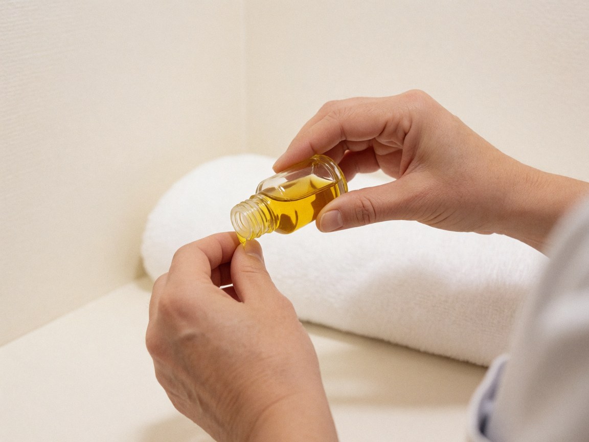 Hands pouring essential oil onto a white towel in a geriatric massage setting with clean warm walls