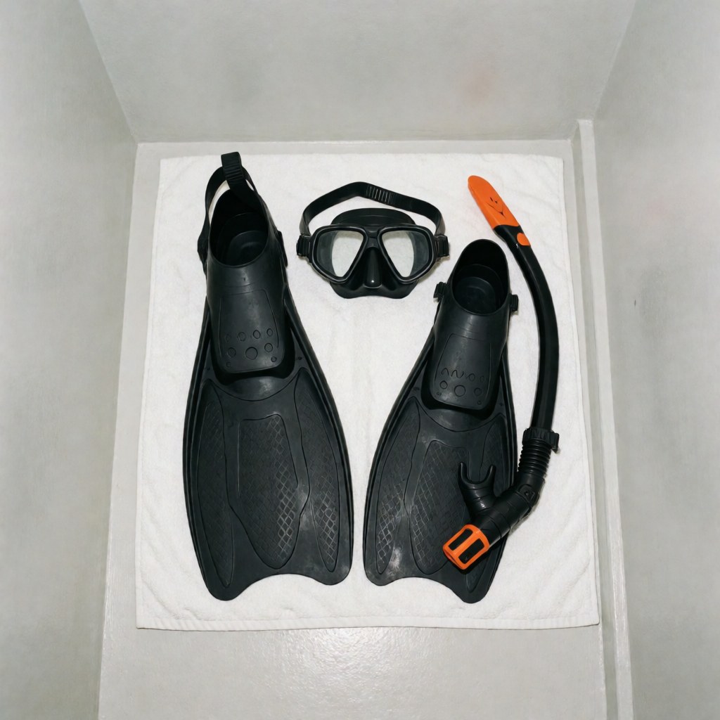 Black swim fins and orange snorkel with diving mask arranged neatly on a clean white towel, swimming coaching equipment for product display