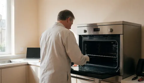 Technician working on a stainless steel oven in a modern kitchen with beige walls and natural light