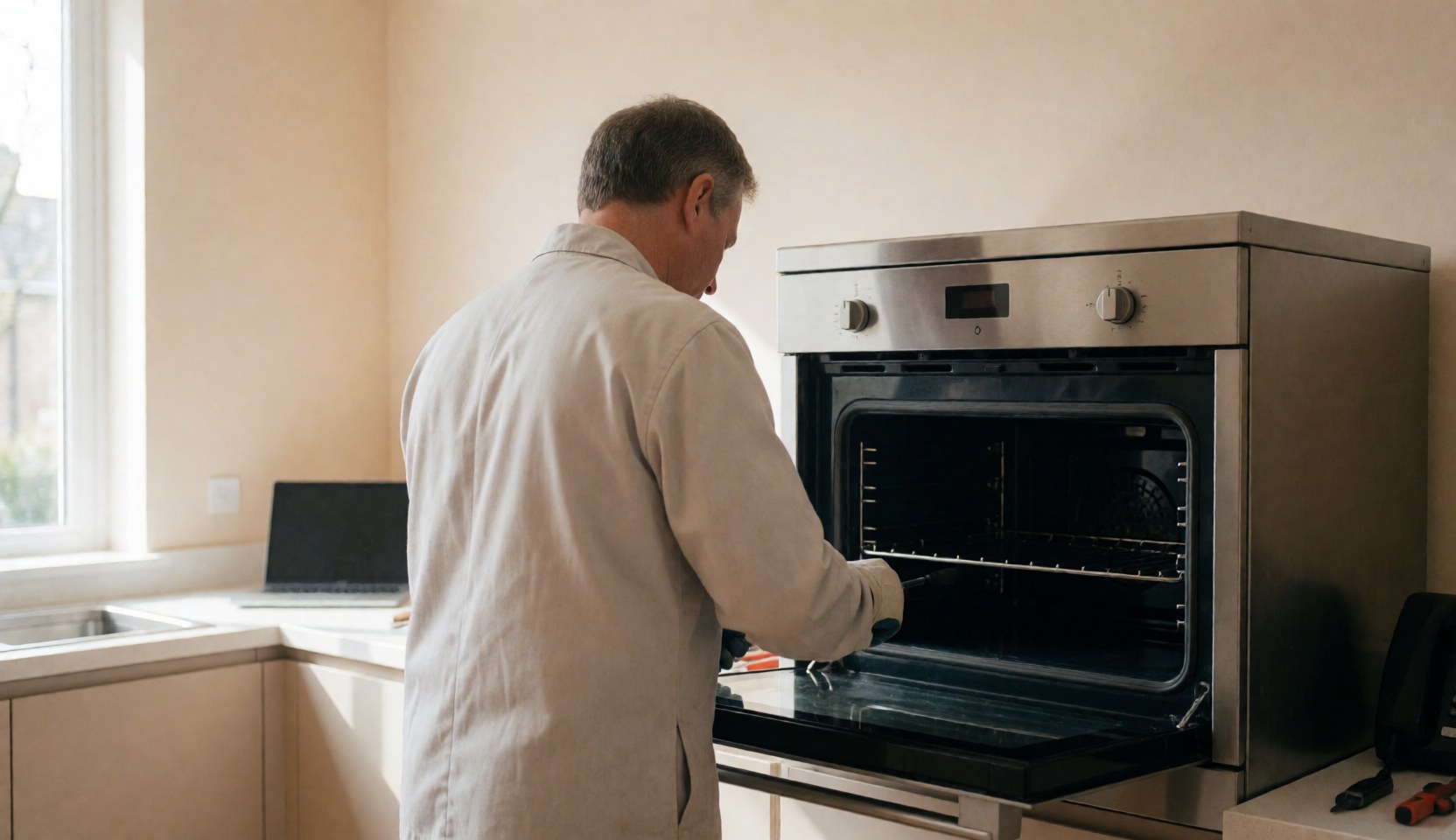 Technician working on a stainless steel oven in a modern kitchen with beige walls and natural light
