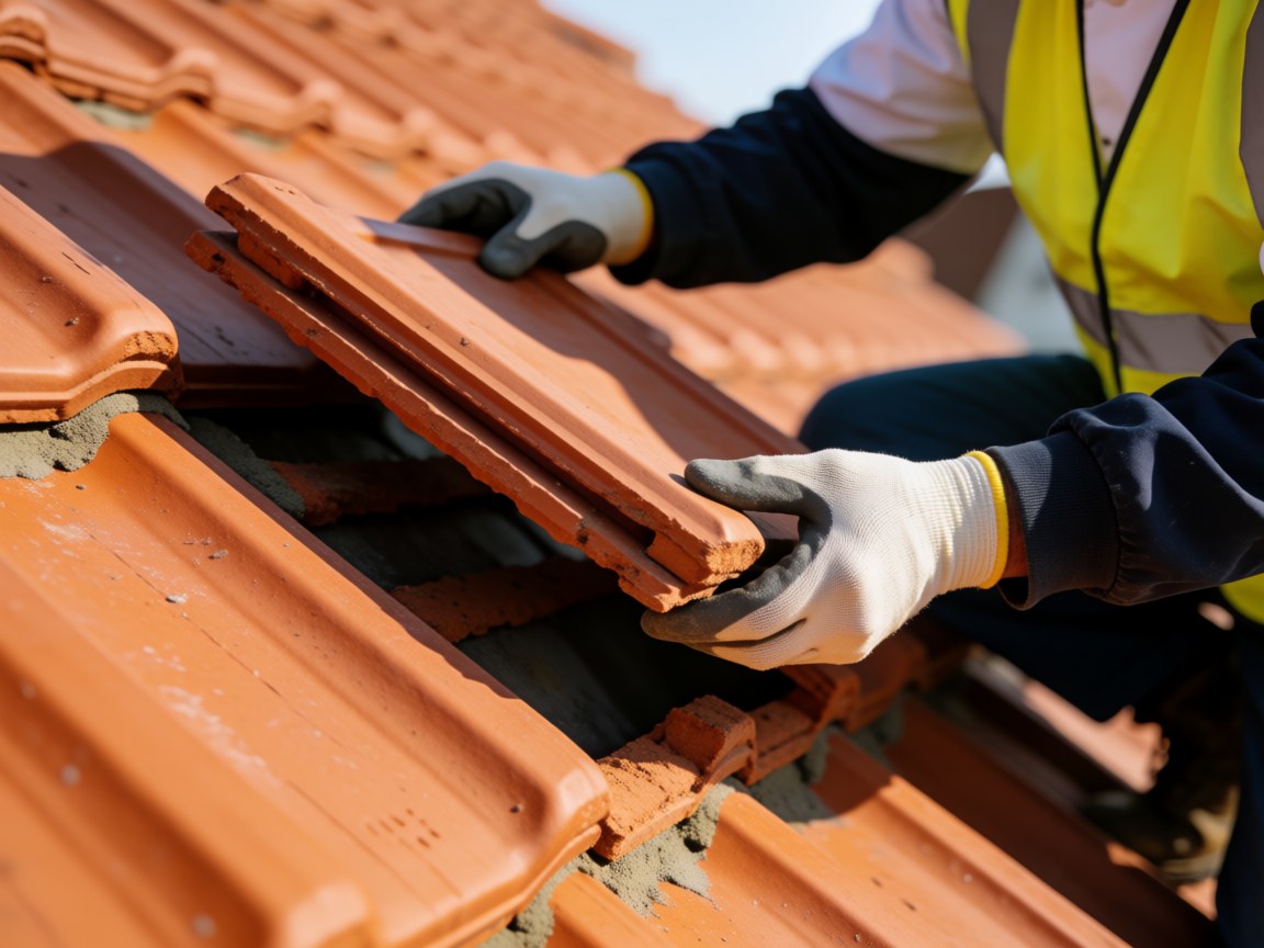 Gloved hands setting a red clay tile onto a roof with mortar, showing roof repair service in action