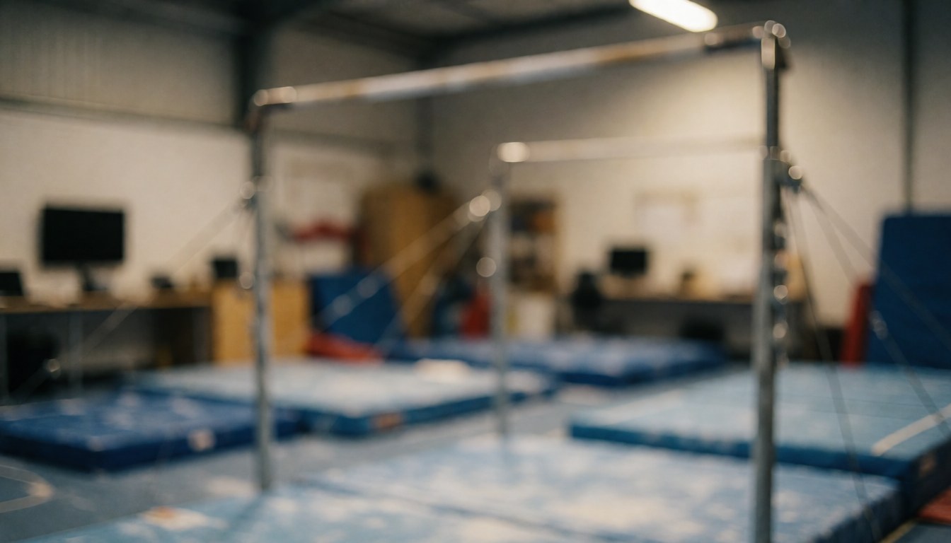 Blurred background of a gym with balance beams and blue mats, ideal for text about gymnastics coaches.