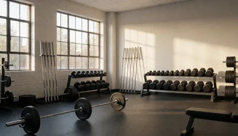 Empty modern gym interior featuring barbells and weight racks near industrial windows with warm morning light