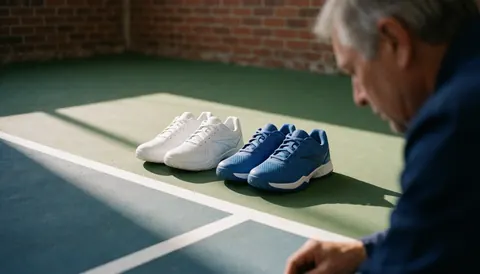 White and blue tennis shoes placed on a green tennis court with a brick wall and a profile view of an adult tennis instructor
