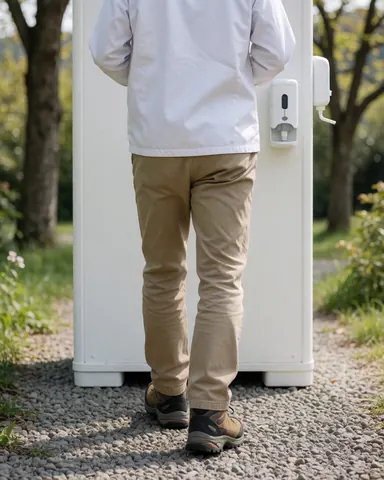 Person using a white portable toilet on a gravel path surrounded by trees with a visible gel dispenser