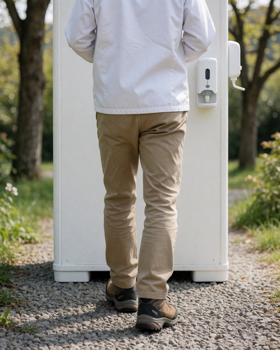 Person using a white portable toilet on a gravel path surrounded by trees with a visible gel dispenser
