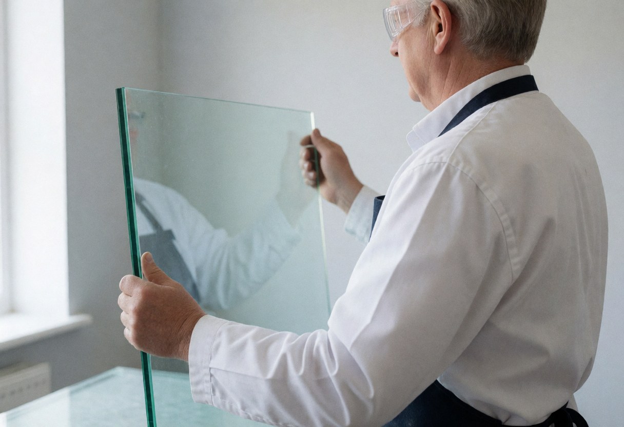 Glazier holding a thick glass panel in a workshop with light gray walls and natural light.