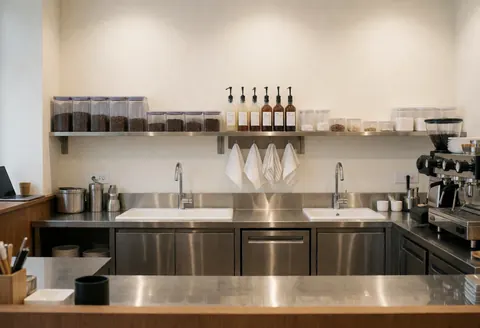 Coffee brewing setup featuring stainless steel sink, containers with beans, syrup bottles, and white towels in a clean commercial space