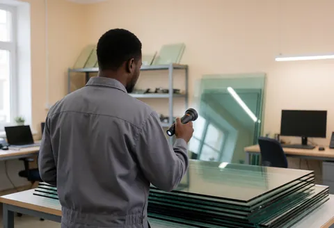 Worker in gray uniform inspects glass panels with flashlight in vehicle recycling workshop