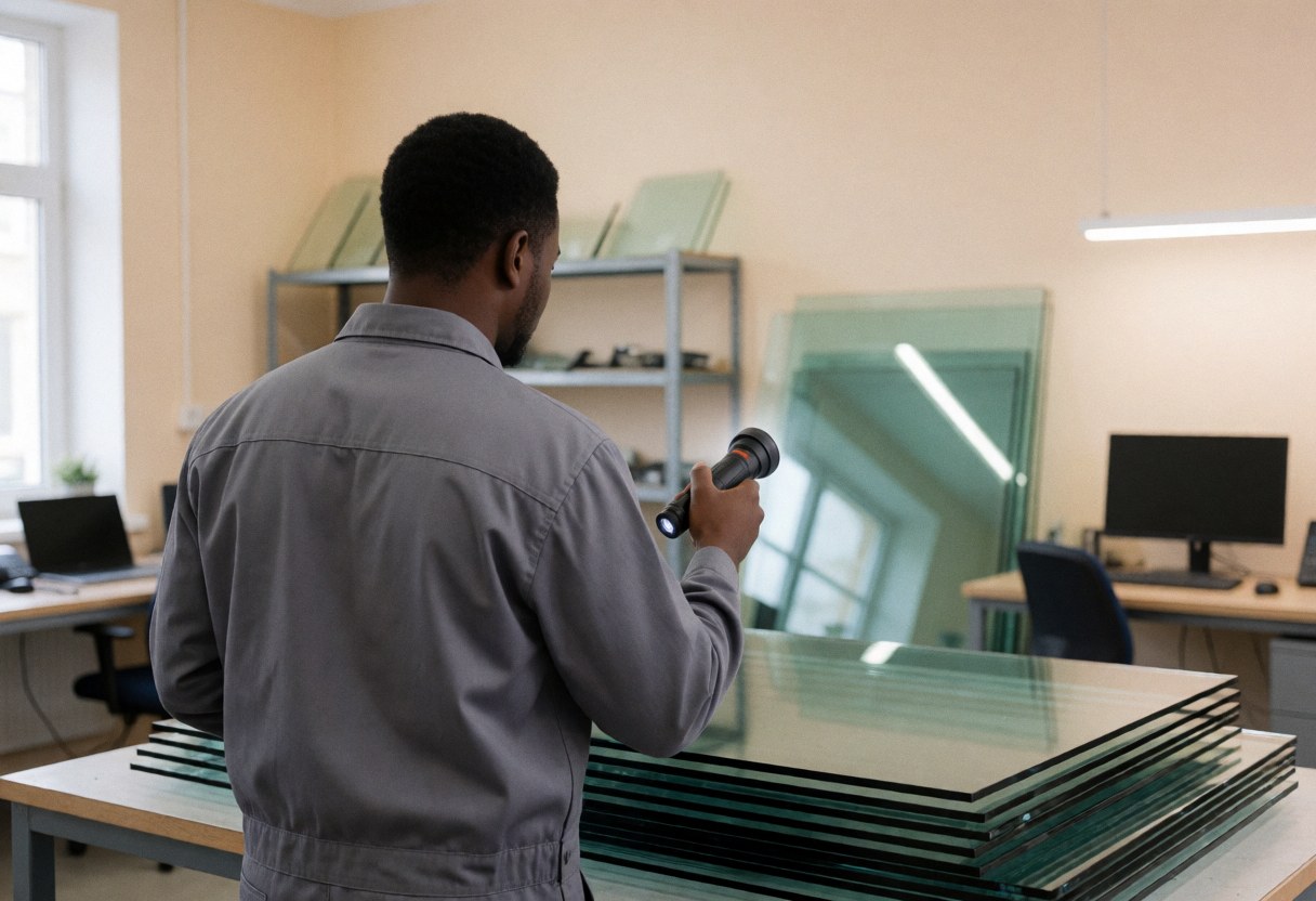 Worker in gray uniform inspects glass panels with flashlight in vehicle recycling workshop