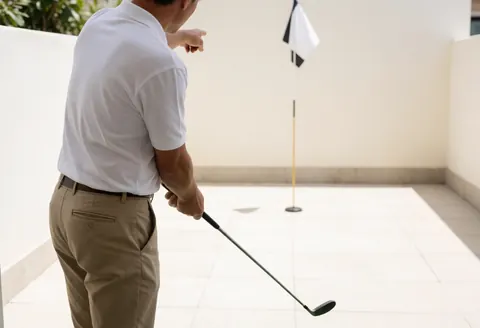 Golf instructor pointing at the flag during a lesson on a tiled practice area with light walls