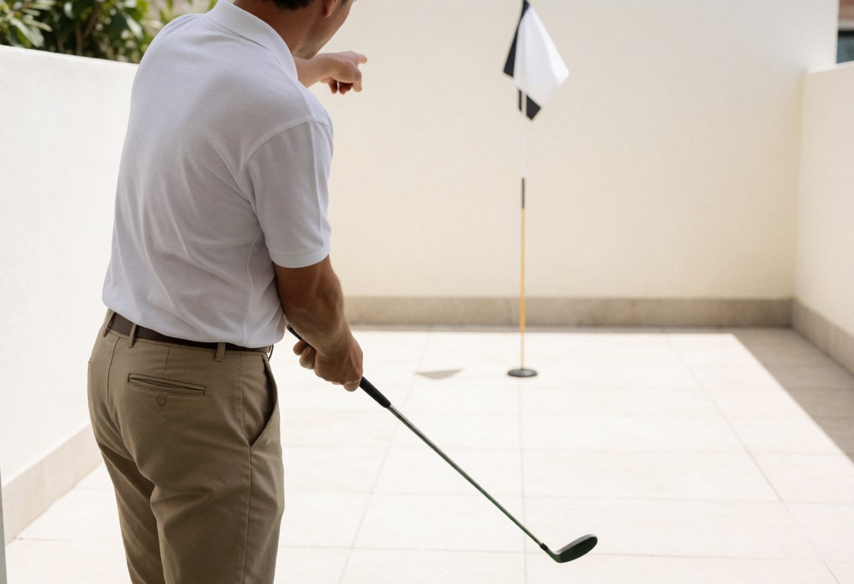 Golf instructor pointing at the flag during a lesson on a tiled practice area with light walls