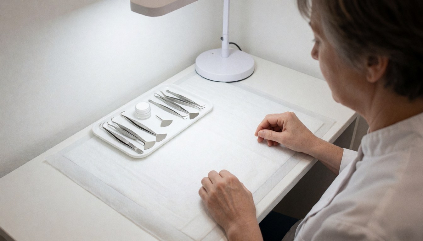 Lash technician organizing sterile tweezers and tools on a white tray at a clean workstation.