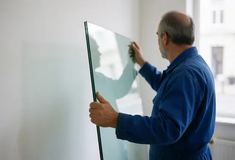 A glazier in a blue uniform installs a glass panel on a white wall under natural light, demonstrating professional glazing work.