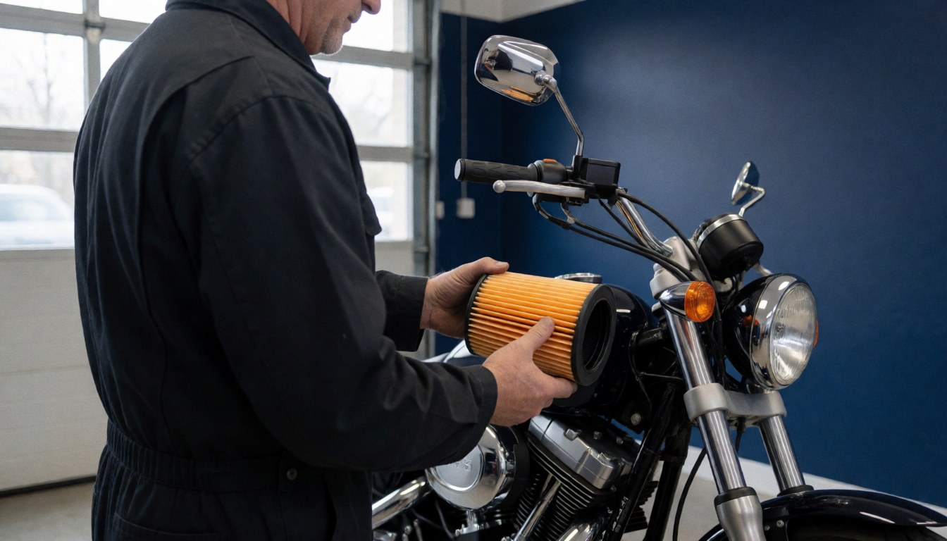 Mechanic holding an orange air filter near a motorcycle engine in a workshop with a dark blue wall and natural light