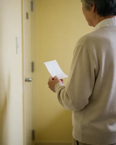 Senior customer holding a receipt, standing with back to camera near a closed door in a pale yellow room with a calm spa atmosphere.
