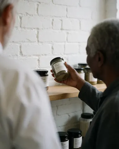 Customer inspecting a remedy jar in a traditional medicine store with white brick wall and wooden shelves