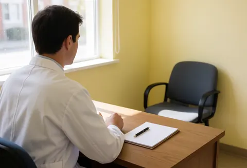 An empty chair sits in a professional homeopath office with yellow walls, a desk, notepad, and pen, lit by natural light.