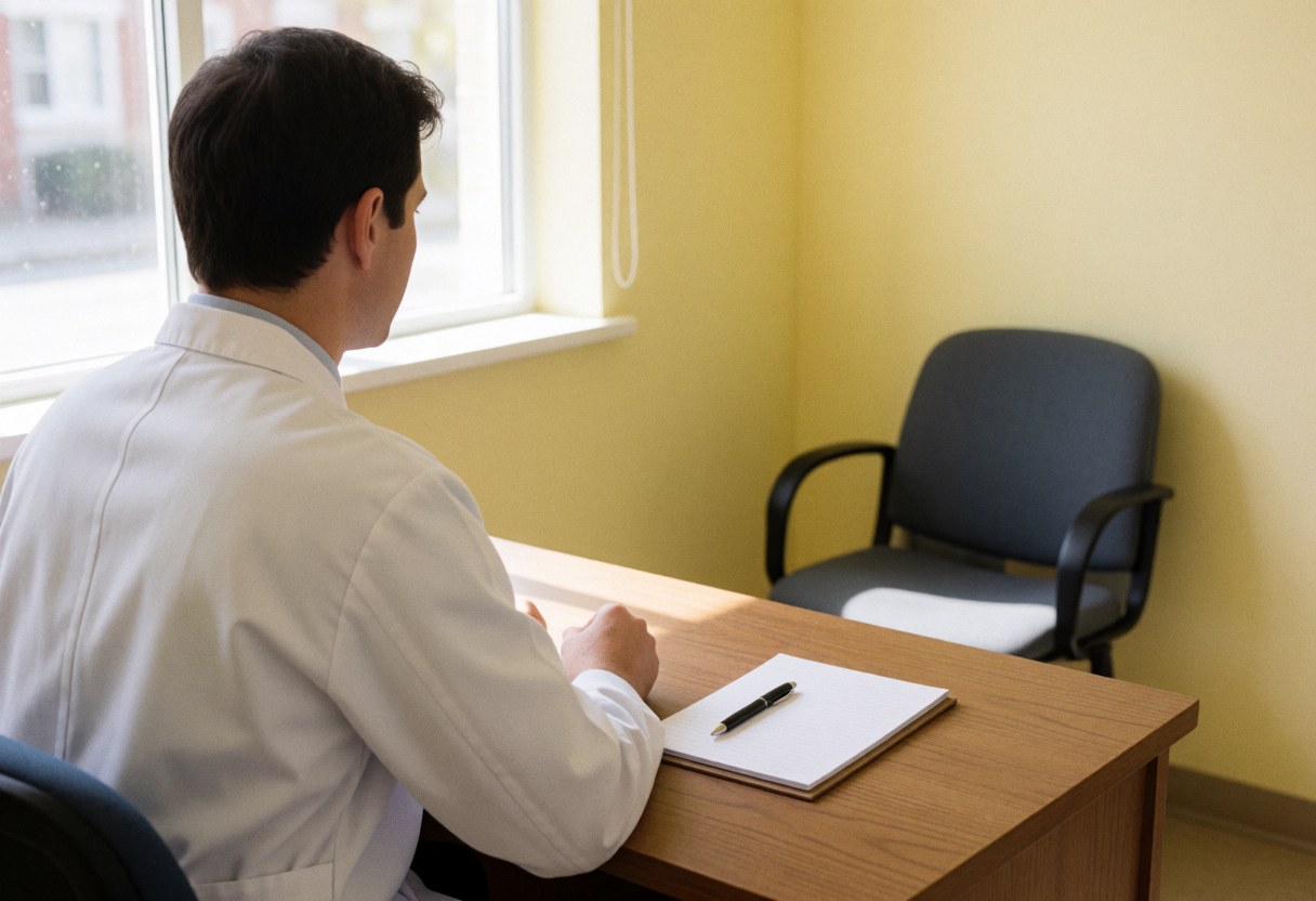 An empty chair sits in a professional homeopath office with yellow walls, a desk, notepad, and pen, lit by natural light.