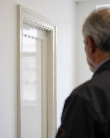 A satisfied client examines a restored door frame with a glossy finish in a furniture restoration workshop with white walls and natural light.